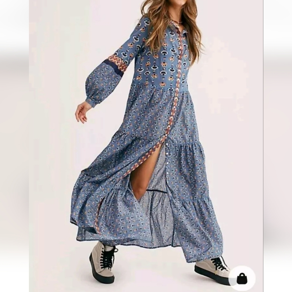 Free People Blue Papillon All Over Print Maxi Boho Tiered Dress S